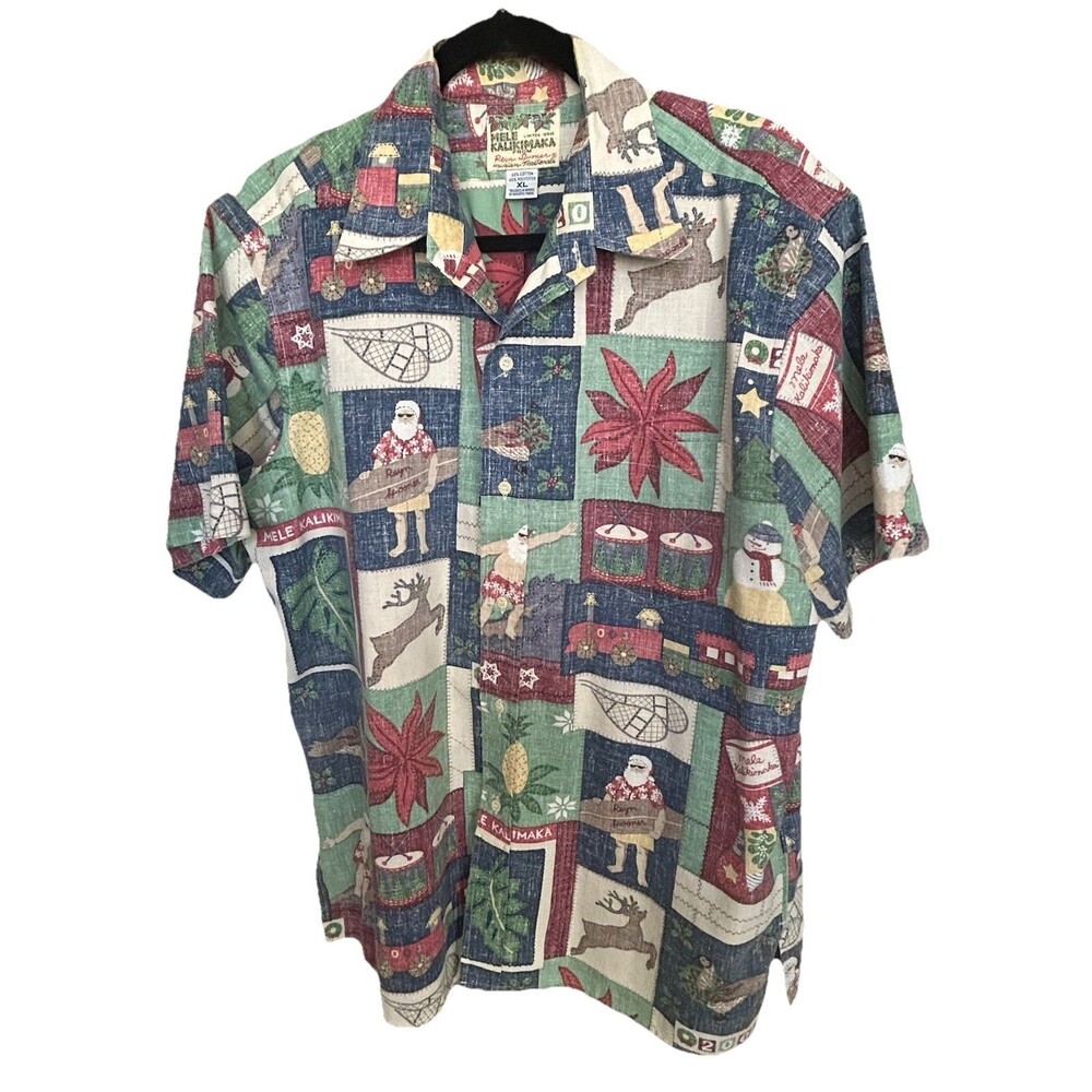 VTG 2001 Reyn Spooner Mele Kalikimaka Hawaiian Shirt Reverse Print Made Hawaii